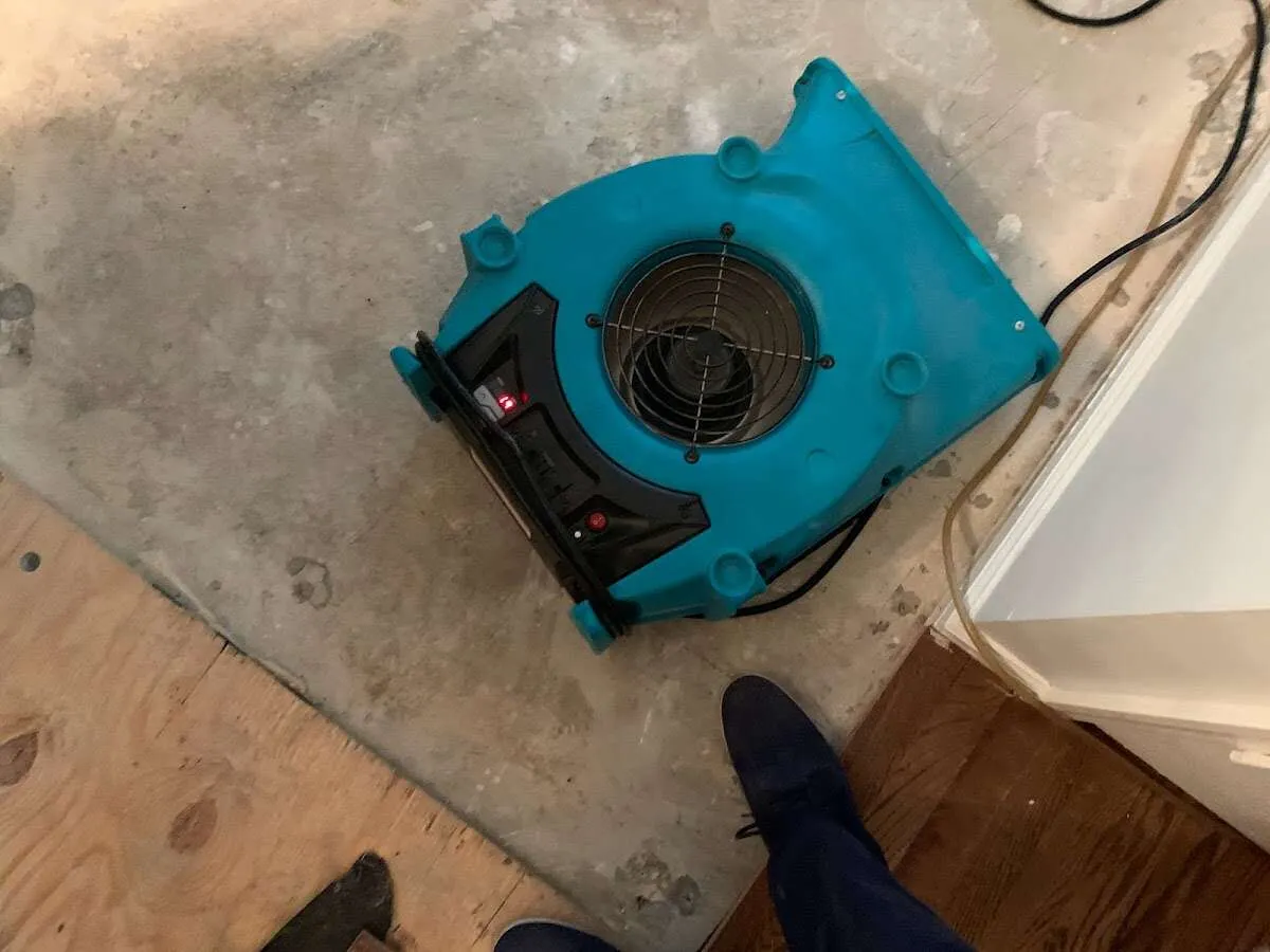 Air mover drying subfloor during Leak Detection & Repair in South Whitehall